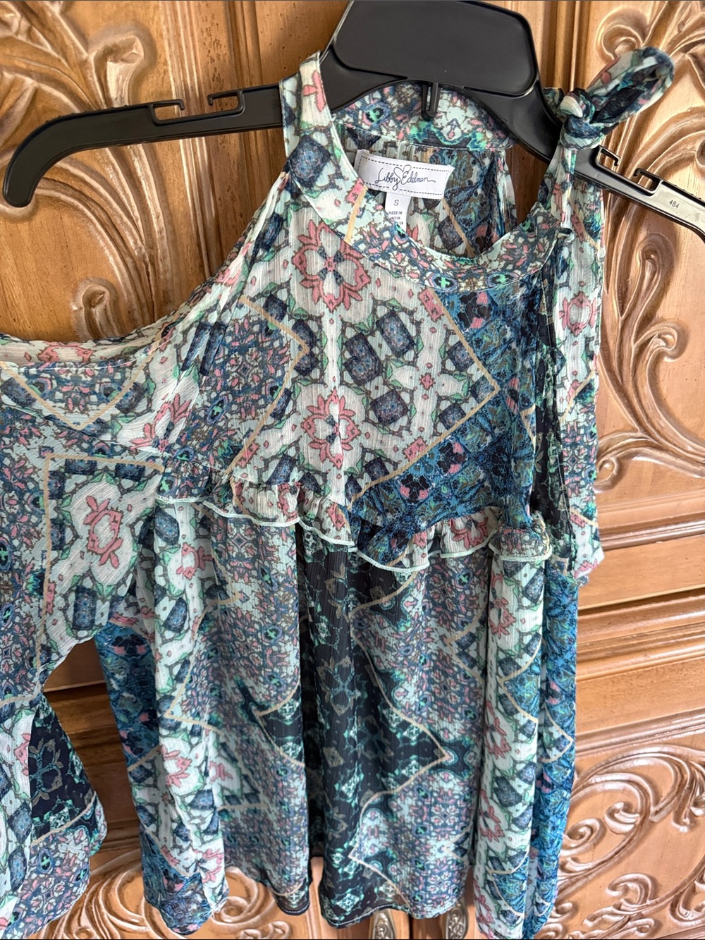 Lilly Pulitzer Mint, Navy & Blush Patterned Cold-Shoulder Blouse
